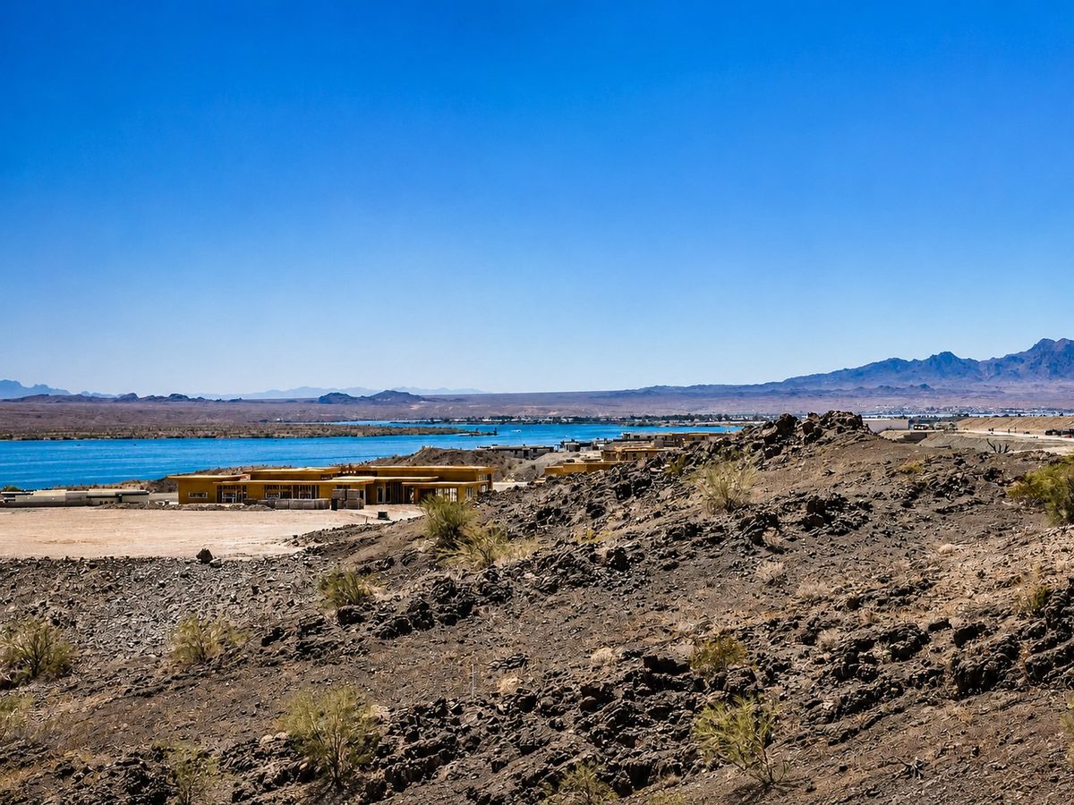 The volcanic rock hillsides that give Black Rock its name, above Lake Havasu