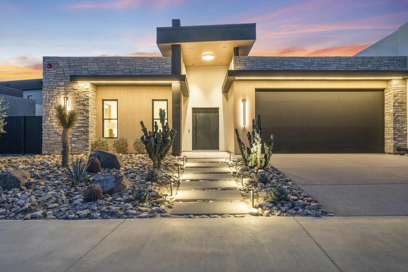 Janecek custom home, desert modern entry at sunset