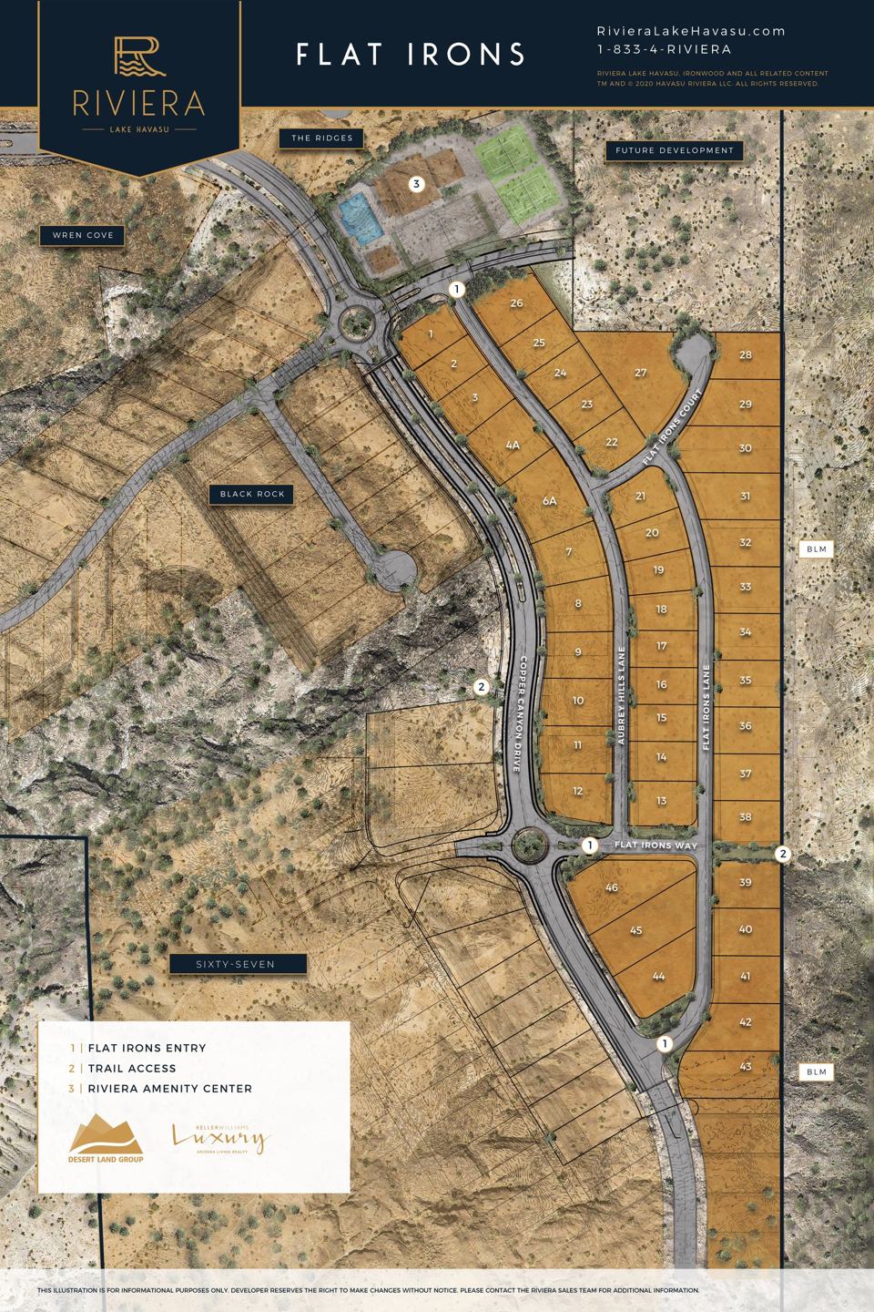 Flat Irons community site map showing streets and available homesites