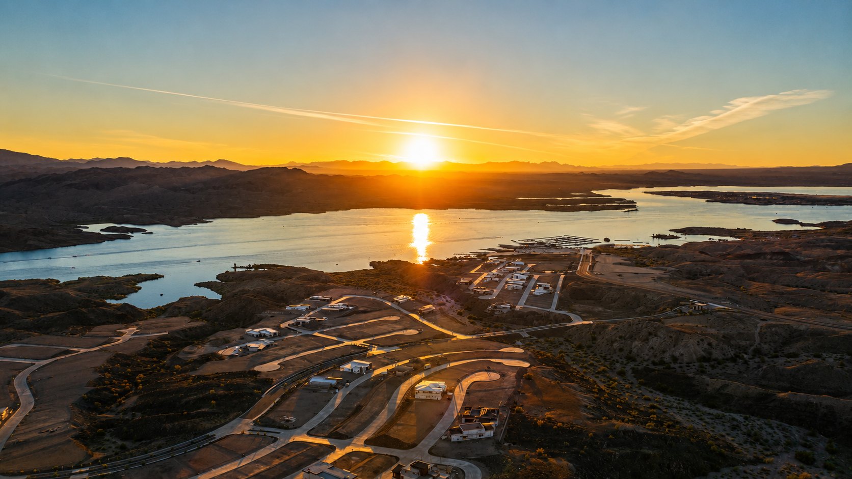 Sunset aerial over Riviera Lake Havasu and its homesites