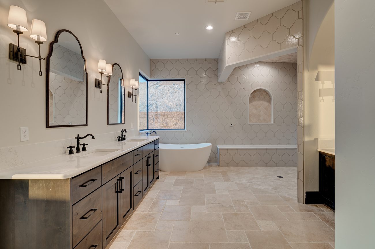 Primary bath with freestanding tub and double vanity