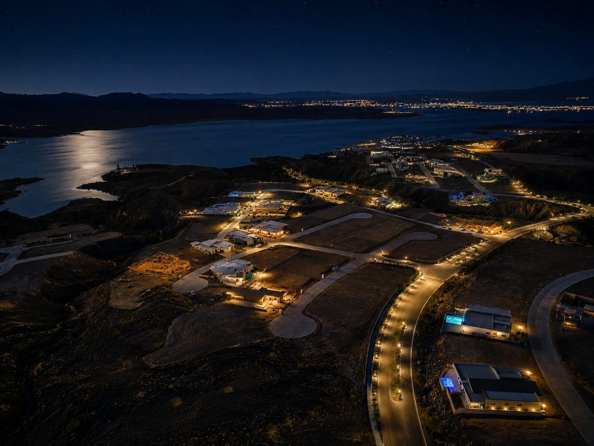 Aerial of Wren Cove at night above Lake Havasu