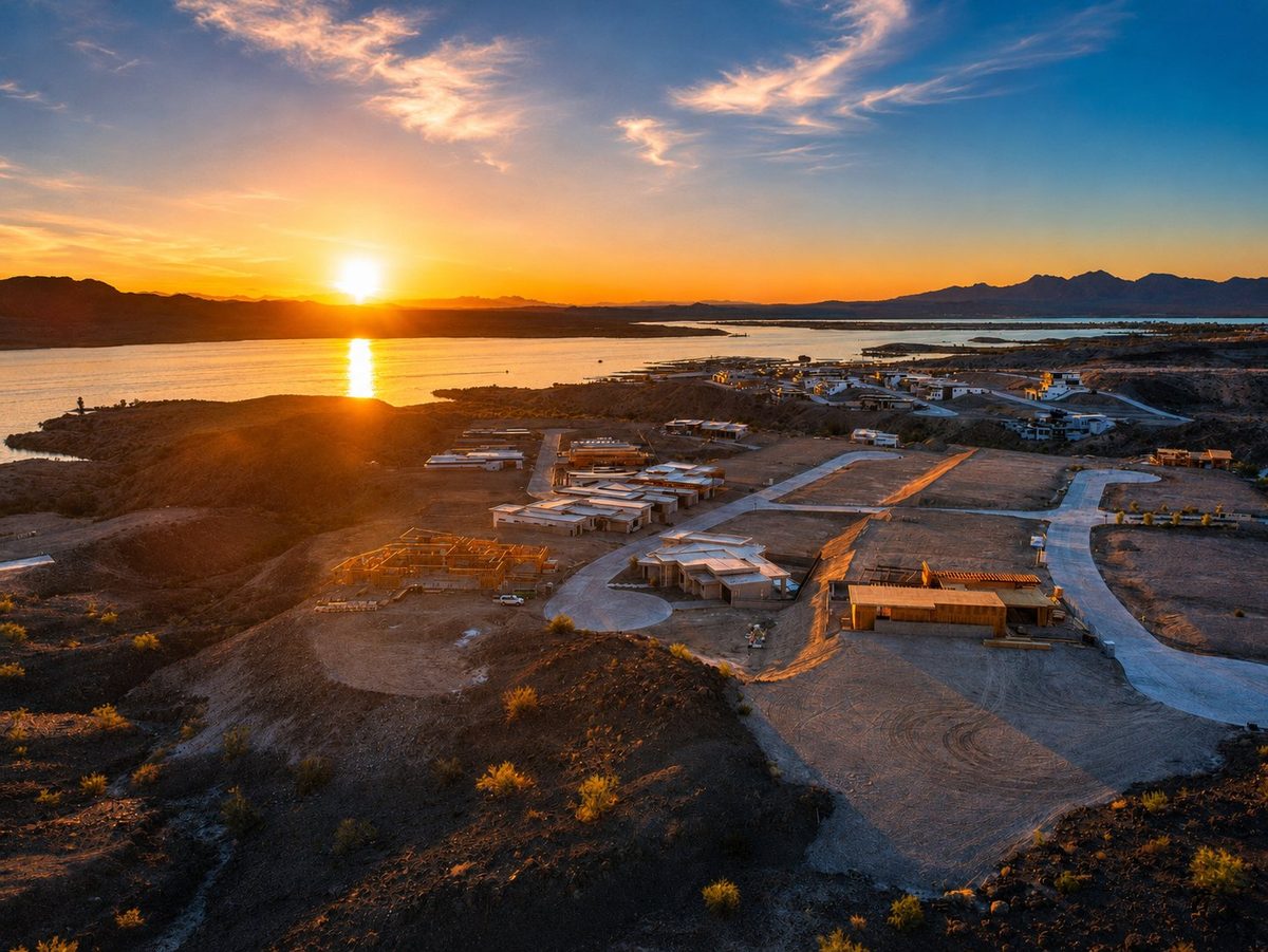 Aerial of Wren Cove and Lake Havasu at sunset